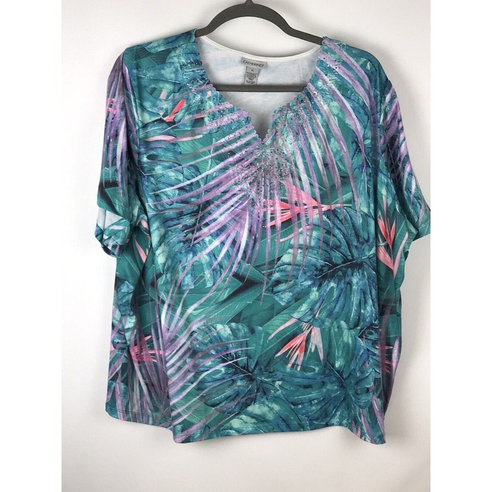 Catherines Tunic Top Size 4X Green Purple Artsy Embellished Leaf Print Pullover